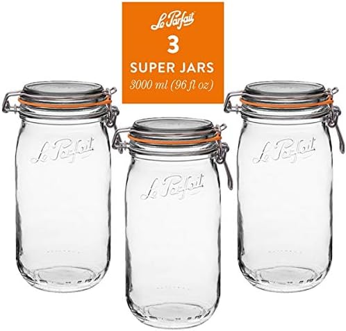 Le Parfait Super Jar - 3L French Glass Canning Jars, Wide Mouth, Airtight Lid (96oz/3 Quarts, 3 pk CP)