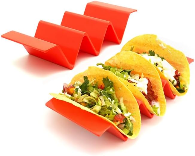 TP Taco Holder Stands, Set of 2 Melamine Large Taco Serving Rack Tray with Handle, Holds 3 Tacos, Dishwasher Safe, Ideal for Taco Night, Party, Home, Fiesta, Red