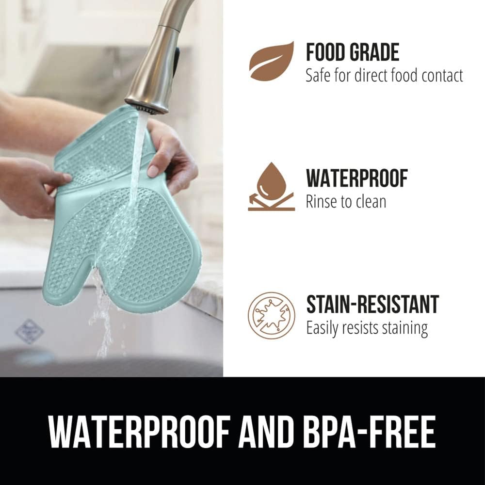 GORILLA GRIP BPA-Free Soft Silicone Oven Mitts and Pot Holders Sets of 4, Heat Resistant Waterproof Cooking Gloves, Thick Cotton Lining, Flexible Gripping for Baking Grilling, Kitchen Trivets, Mint