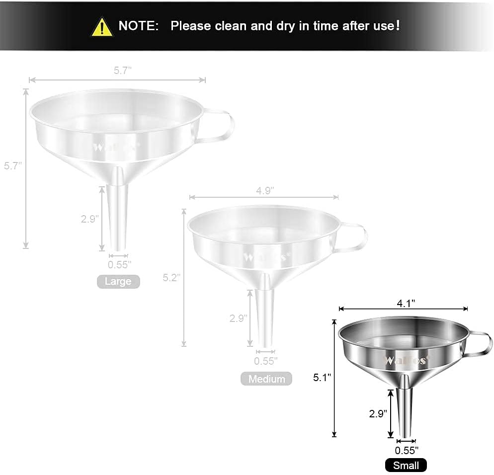 Stainless Steel Funnel, Walfos Kitchen Funnel with 2 Removable Strainer & 1Pc Cleaning Brush, Perfect for Transferring of Liquid, Oils, Jam, Dry Ingredients & Powder (4.1")