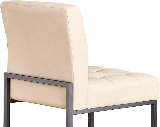 Beige Faux Leather Dining Chairs Set of 2, Mid-Century Modern Dining Room Chairs with Armless, Checkered Kitchen Chair with Metal Legs