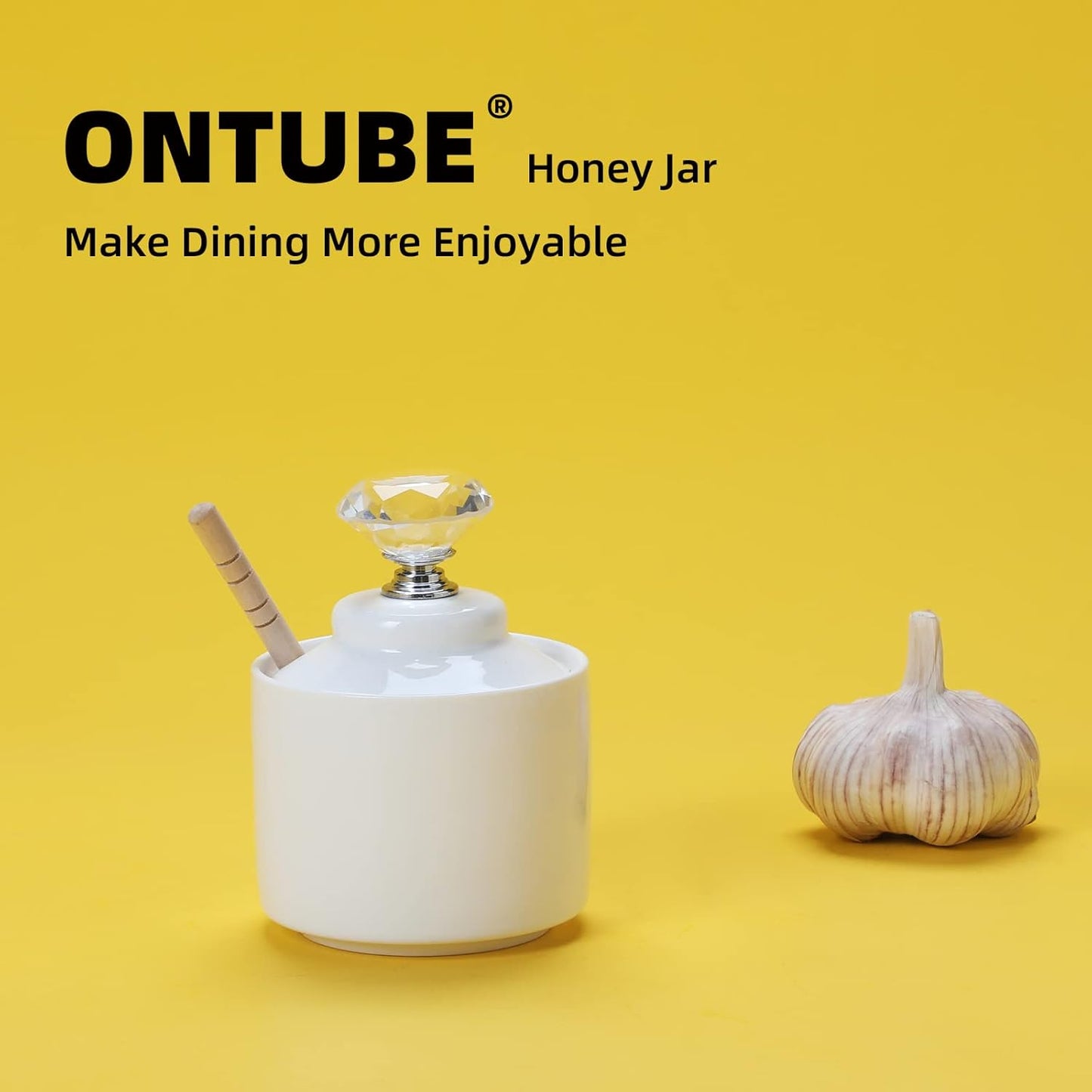 Ceramic Honey Jar with Dipper and Crystal Lid, Small Honey Pot for Home Kitchen, 8oz (Silver)