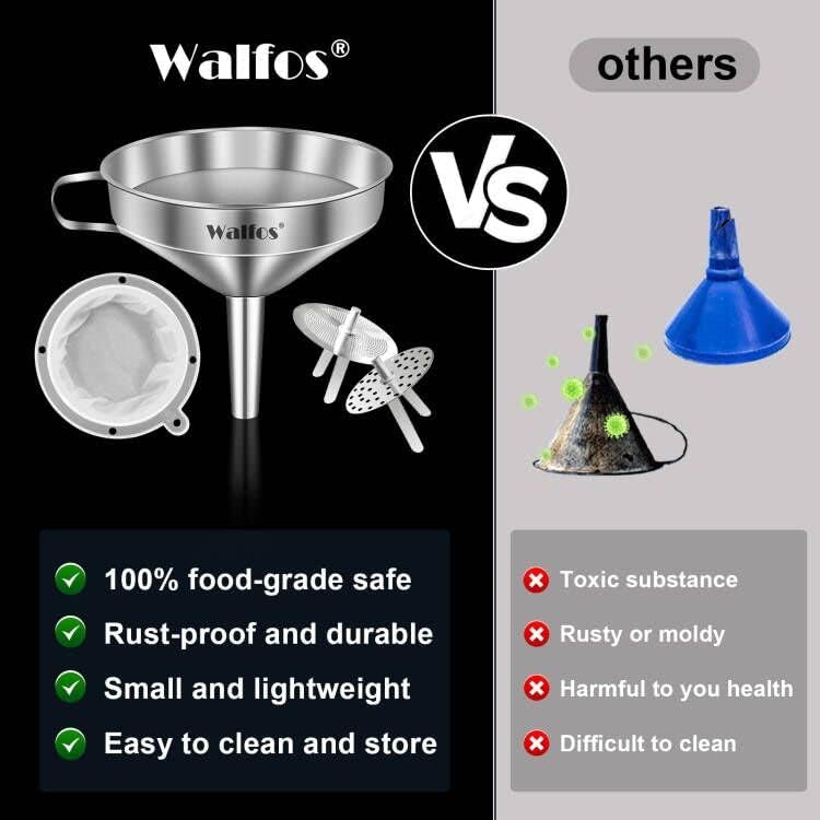 Stainless Steel Funnel, Walfos Kitchen Funnel with 2 Removable Strainer & 1Pc Cleaning Brush, Perfect for Transferring of Liquid, Oils, Jam, Dry Ingredients & Powder (Big, 4.9")
