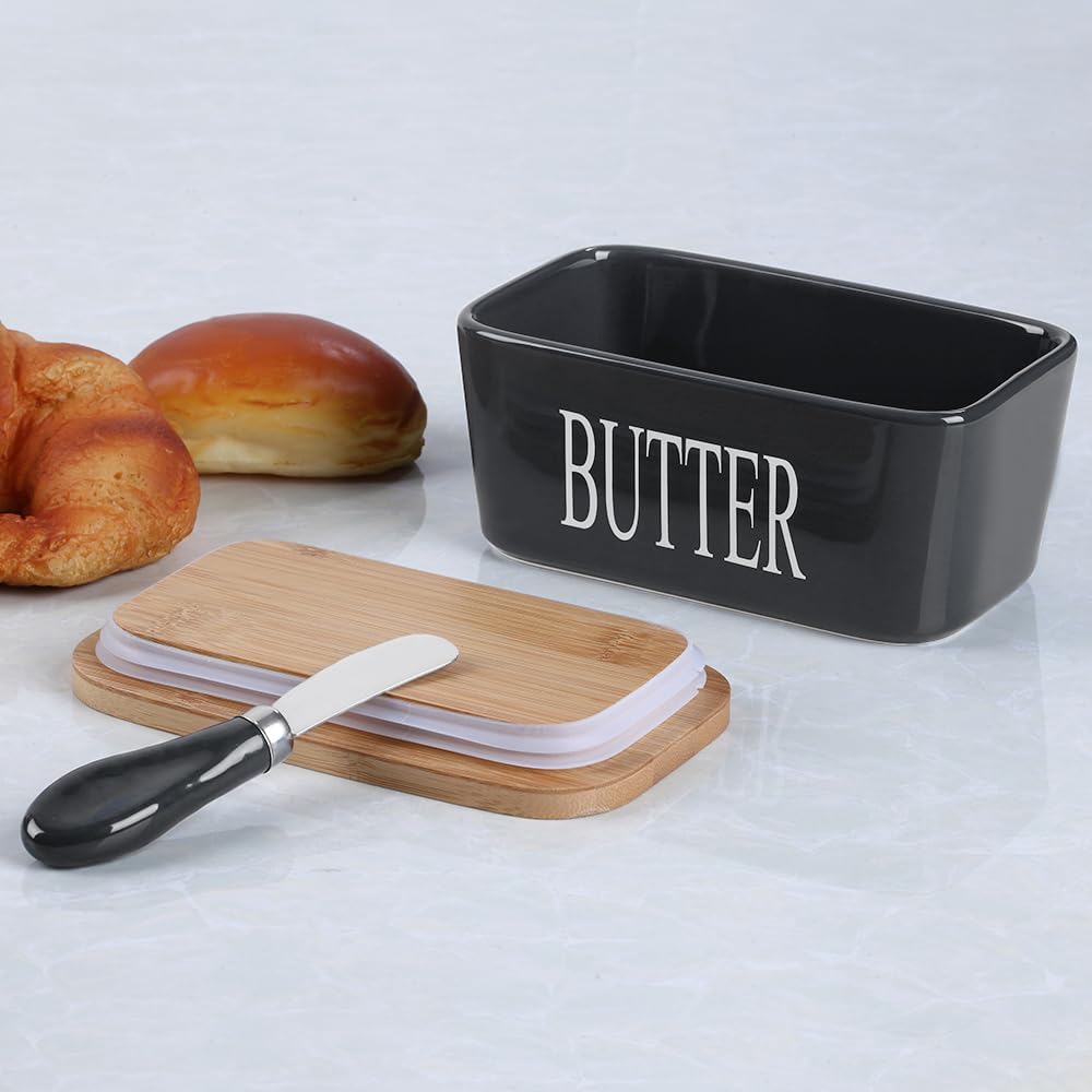Ceramic Butter Dish with Wooden Lid, Large Butters Container Keeper Storage with Stainless Steel Knife Spreader, Bamboo Cover and Silicone Sealing Ring for West East Coast, Black