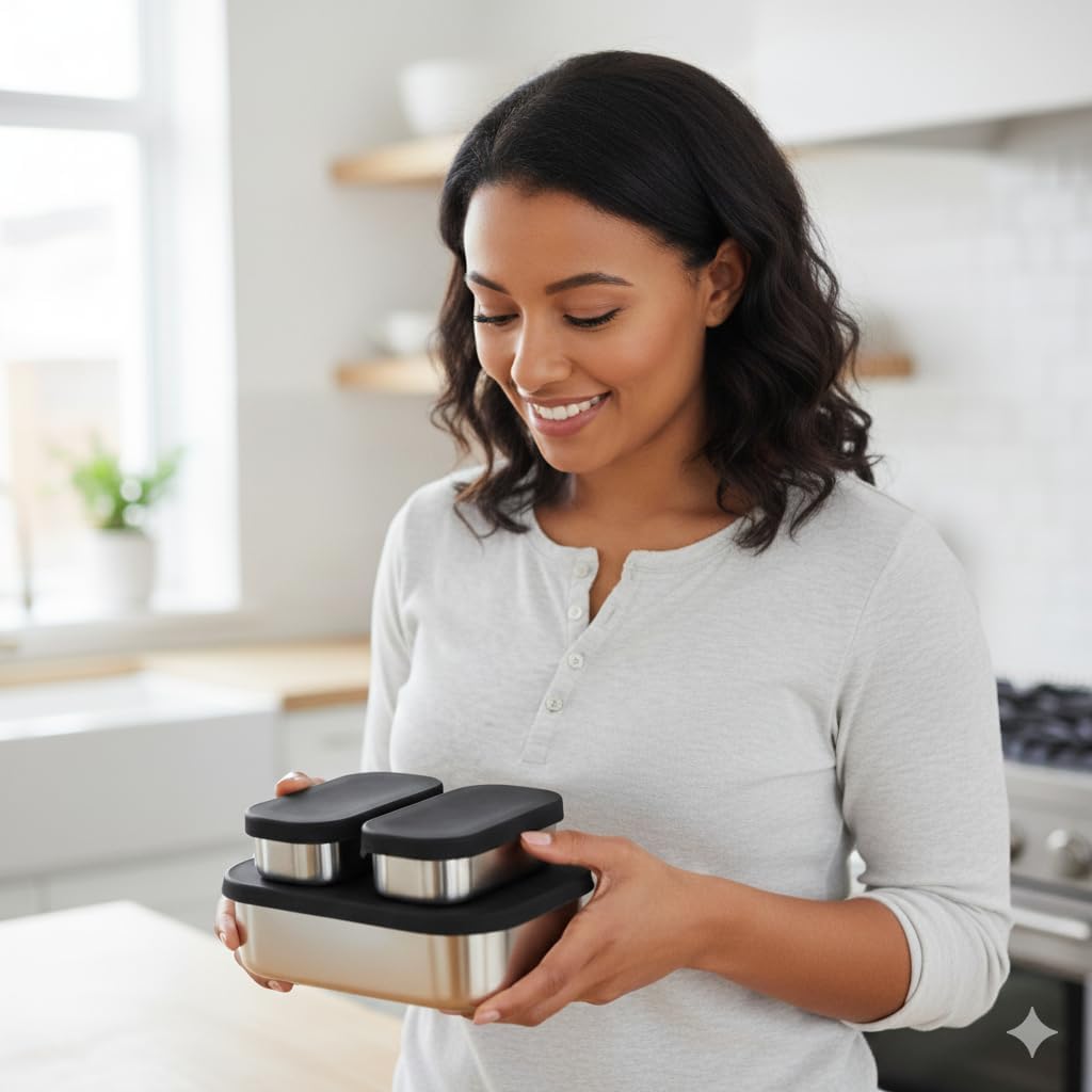 Flexibento - 2 x 6.5 oz | Leak proof | Small Stainless steel Snack Containers with Silicone lids|Dip, snacks, condimenrs | Plastic and BPA free | Metal Lunch box | Black (set of 2)