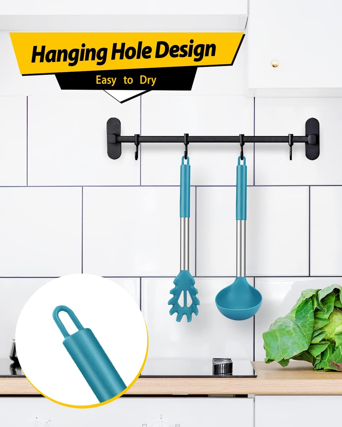 Silicone Pasta Fork and Ladle Spoon Set, Large Non Stick Kitchen Utensils for Cooking,Stirring,Serving Spaghetti, Soup, Sauce (BLUE)