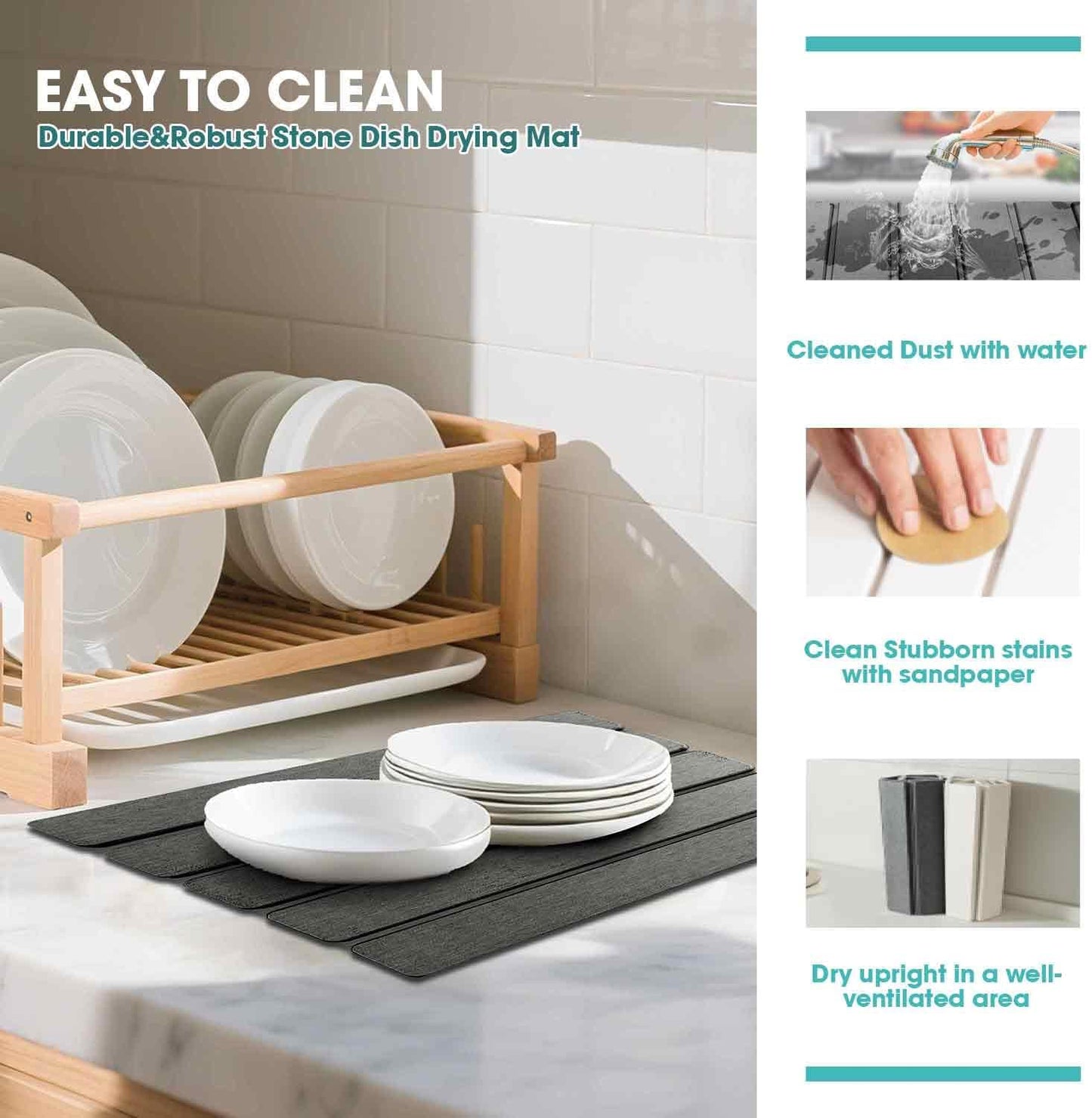 Dish Drying Mat Stone Bath Mat Diatomaceous Earth Stone Drying Mat For Kitchen Counter Sink Bath Mat Quick Dry Non Slip Foldable Dish Drying Rack Mat Small(16"×12" Dark Grey)