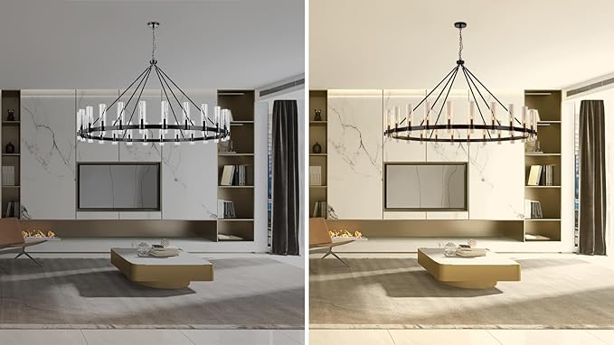 70 Inch Black Wagon Wheel Chandelier with Glass Shade, 24 Lights, Modern Farmhouse Style, Ideal for Dining Room, Kitchen, Entryways