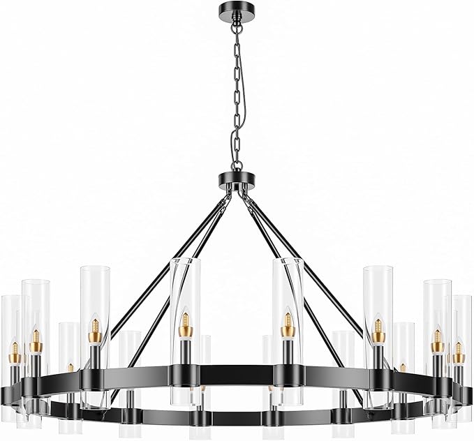 48 Inch Black Wagon Wheel Chandelier with Glass Shade, 16 Lights, Modern Farmhouse Style, Ideal for Dining Room, Kitchen, Entryways