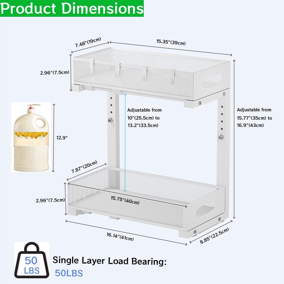 Under Sink Organizer, 2-Tier Slide-Out Storage Shelf with Mesh Drawers - Adjustable Height Heavy-Duty Steel Cabinet Organizer for Kitchen/Bathroom/Laundry, Easy Assembly, Space Saver (White)