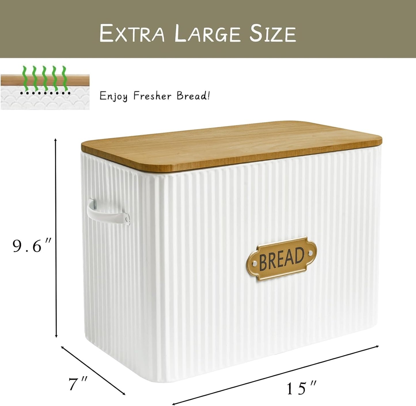 Vertical Stripes Extra Large Space Saving Farmhouse Bread Box with Wood Lid - Holds 2 Loaves - White Vertical Breadbox Bread Storage Bin Holder for Kitchen Countertop