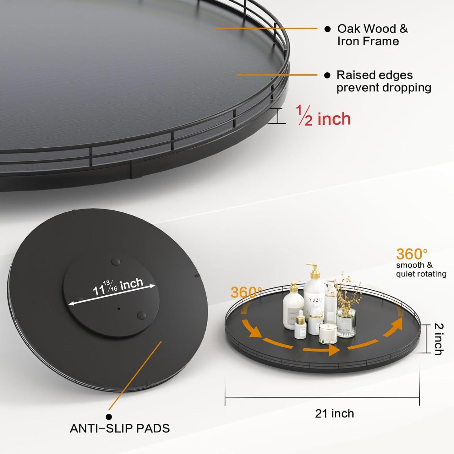 21" Oak Wooden Lazy Susan Turntable for Dining Table, Extra Large Round Lazy Susans Organizer for Kitchen Countertop Charcuterie Boards Cheese Board Organization and Storage Black Home Decor