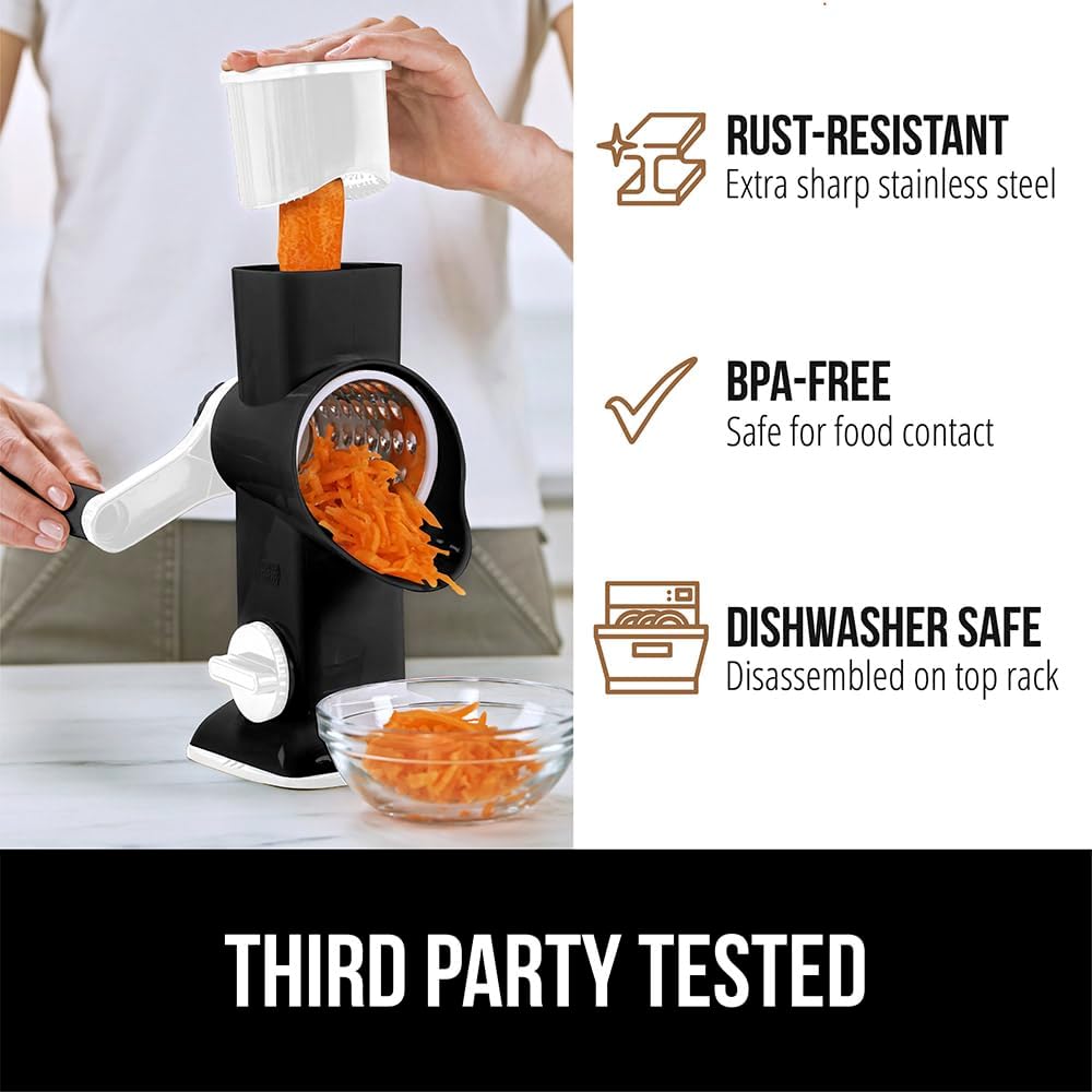 GORILLA GRIP BPA-Free Rotary Cheese Grater Hand Crank, Easy to Set Up, Strong Suction Base for Kitchen Countertop, Shred Potato, Vegetable, Nuts in Seconds, Round Mandoline Slicer, 3 Blades, Black