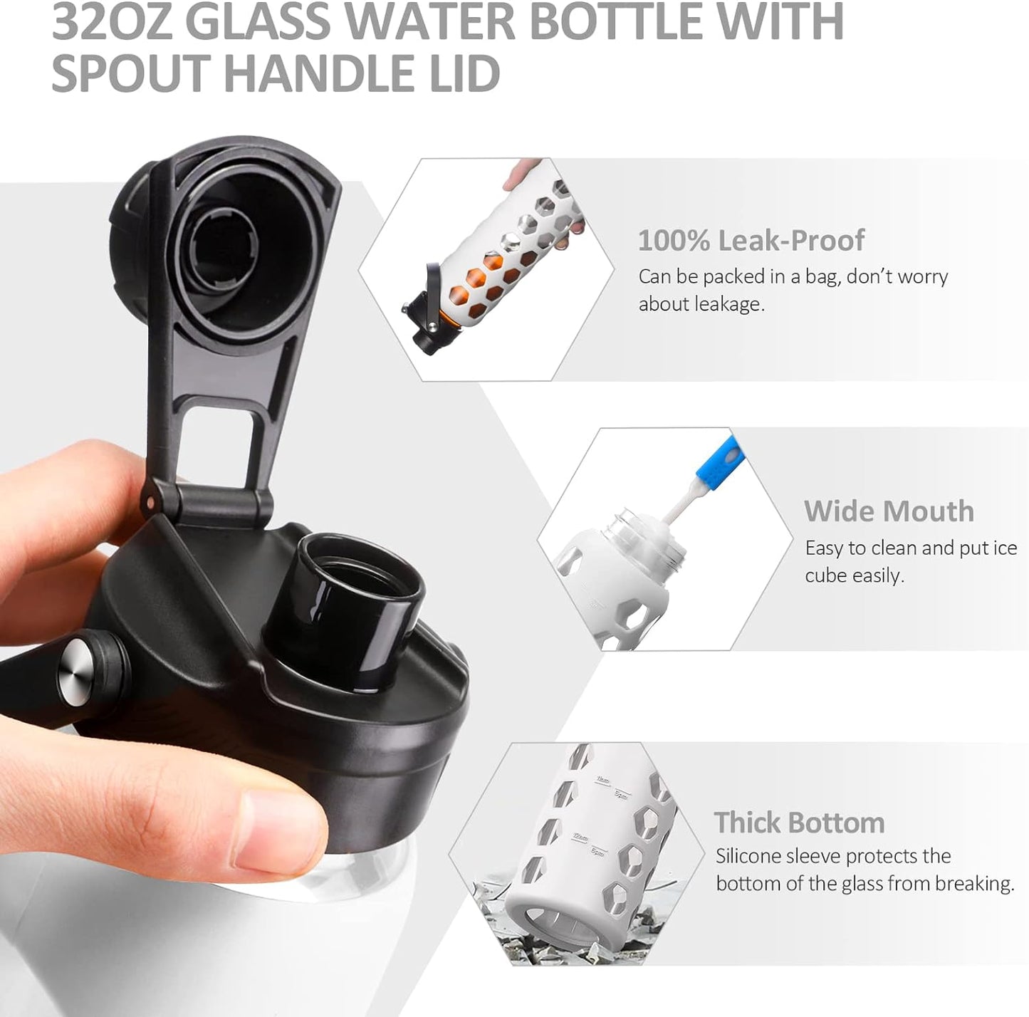 MUKOKO 32oz Glass Water Bottles with 2 Lids-Handle Spout Lid&Bamboo Straw Lid, Motivational Water Tumbler with Time Marker Reminder and Silicone Sleeve, Leakproof-White-1 Pack