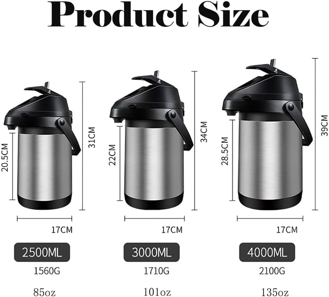 135 oz&4L Airpot Coffee Carafe Thermal for Keeping Hot,Airpot Thermal Coffee Dispenser with Pump,Double Walled Vacuum Insulated 304 Stainless Steel Beverage Dispenser Lever Action for Hot/Cold
