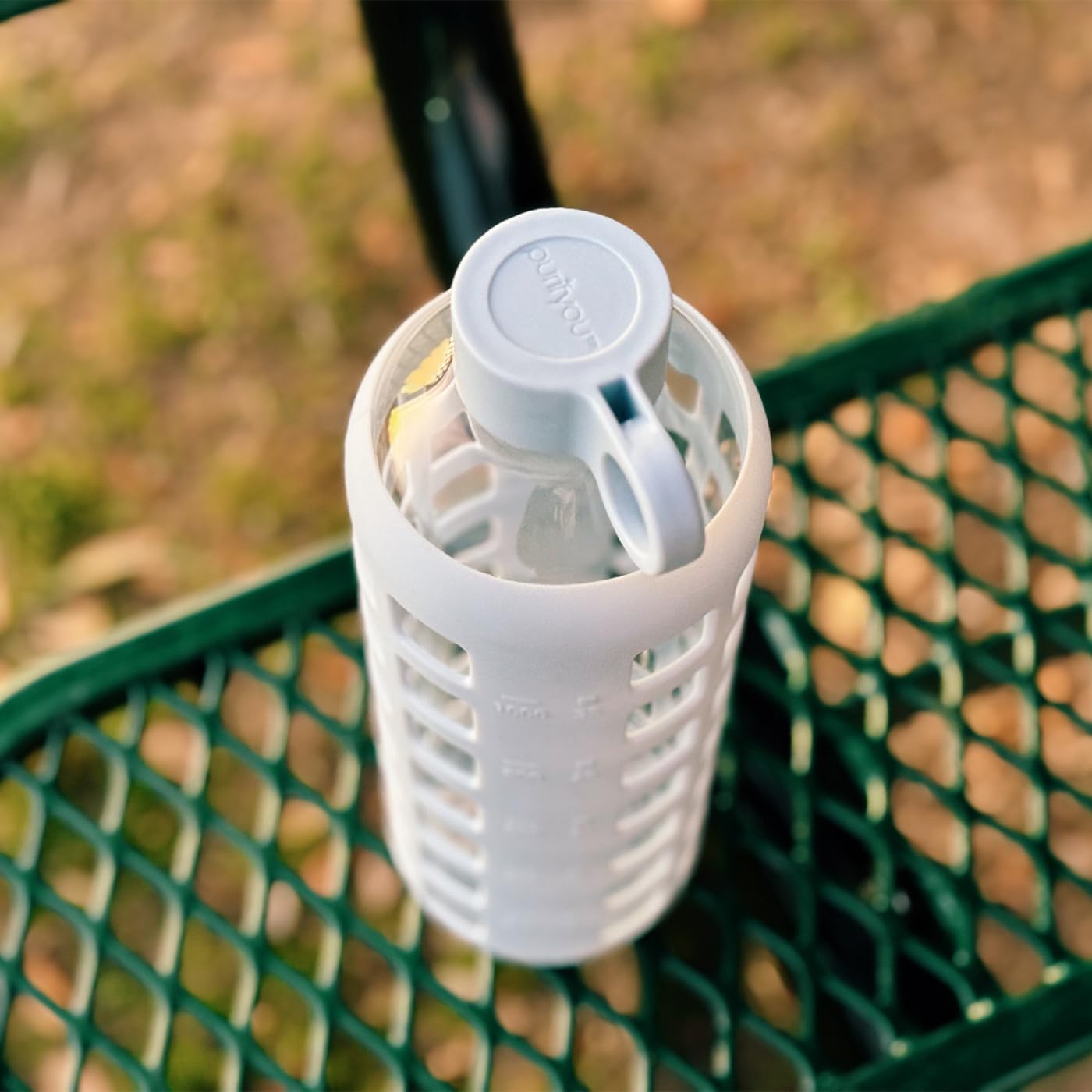 purifyou 40oz / 32oz / 22oz / 12oz Borosilicate Glass Water Bottle with Time & Volume Markers, Silicone Sleeve, Stainless Steel Lid – Reusable Glass Bottle for Water & Juice (12oz Ice Blue)
