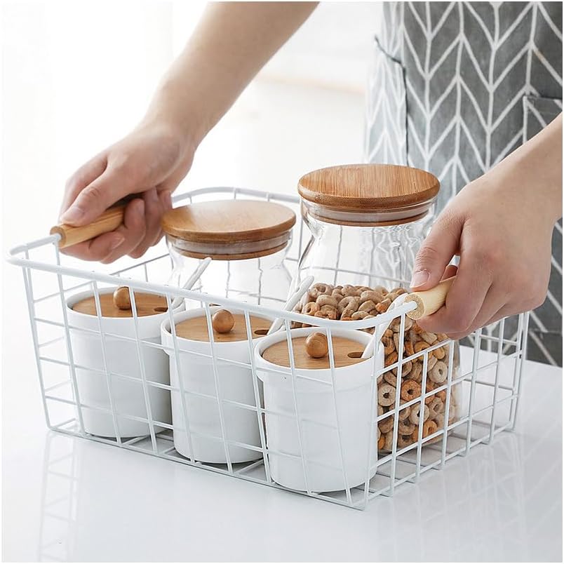 LeleCAT white wire baskets with Wooden Handles Storage Organizer Baskets, Household Refrigerator for Cabinets, Pantry, Closets, Bedrooms, kitchen - Set of 2(White)