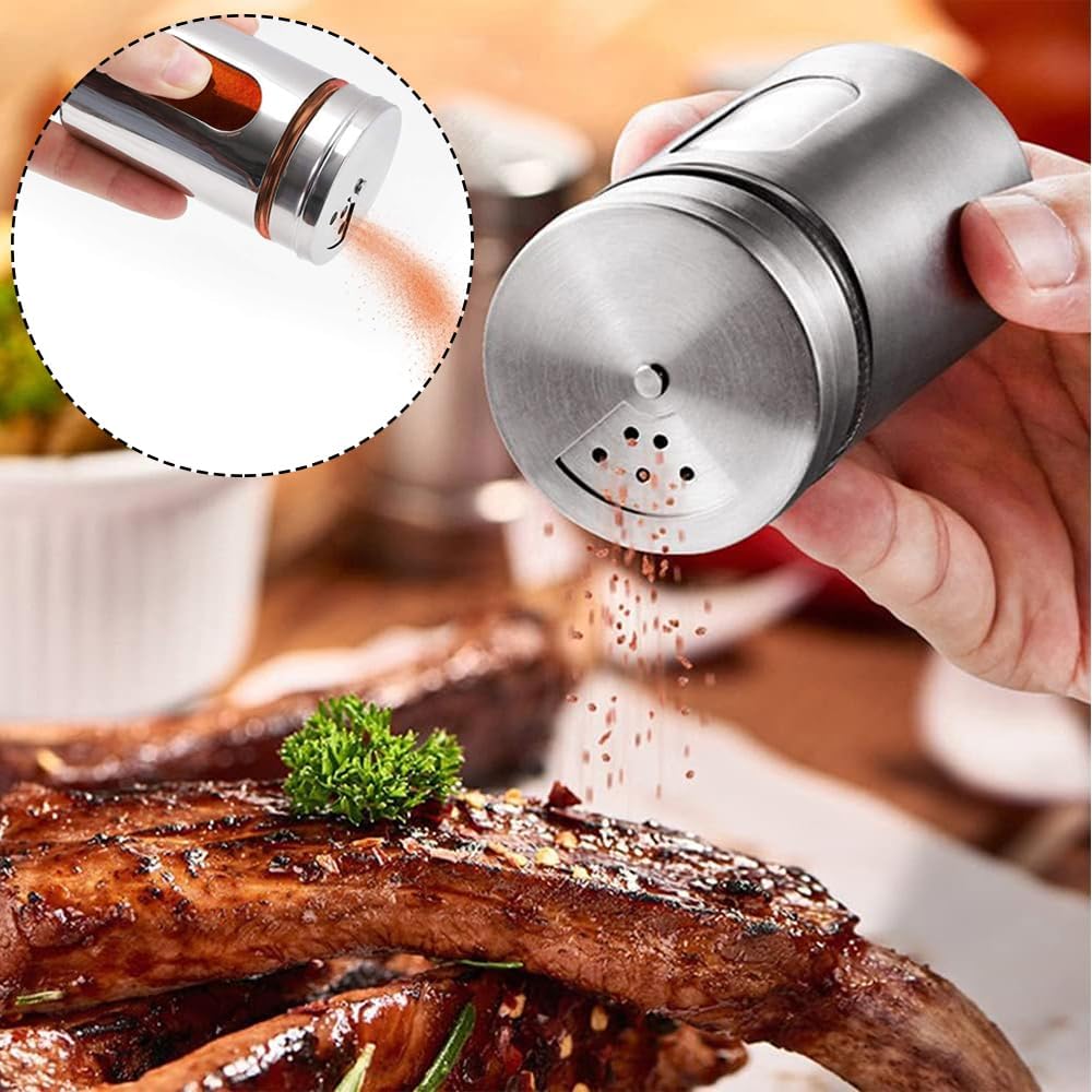 6 Pack Salt and Pepper Shakers, 80ml Spice Jars with Shaker lids, Salt Shakers Glass with Adjustable Pour Holes, Stainless Steel Seasoning Containers, Spice Bottles Glass for Kitchen