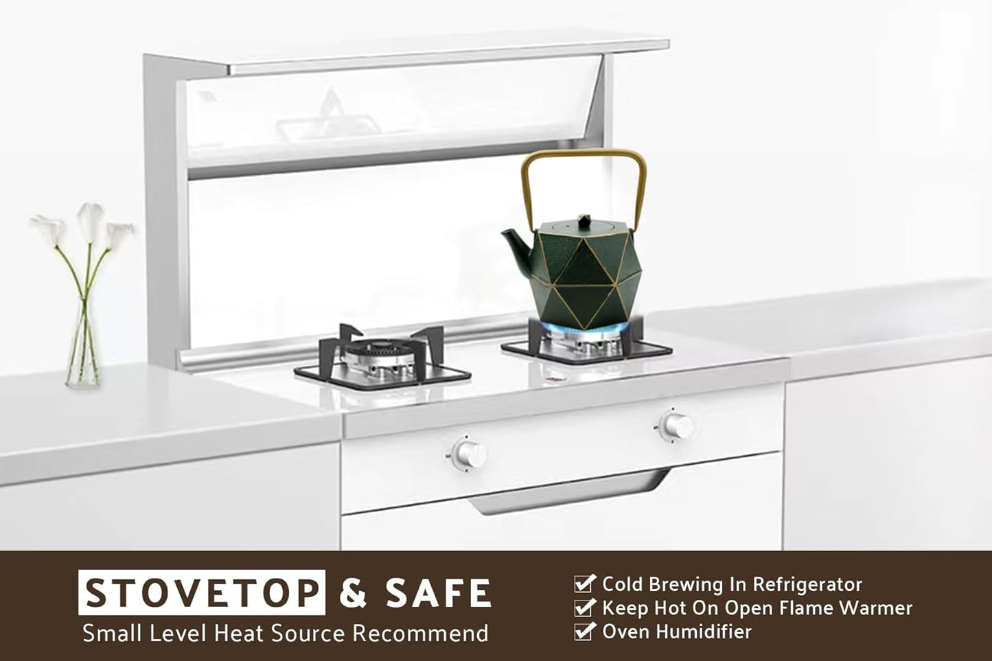 Toptier Cast Iron Teapot, Stovetop Safe Japanese Cast Iron Tea Kettle, Diamond Design Tea Pot with Removable Infuser for Loose Tea, 54 Ounce (1600 ml), Dark Green