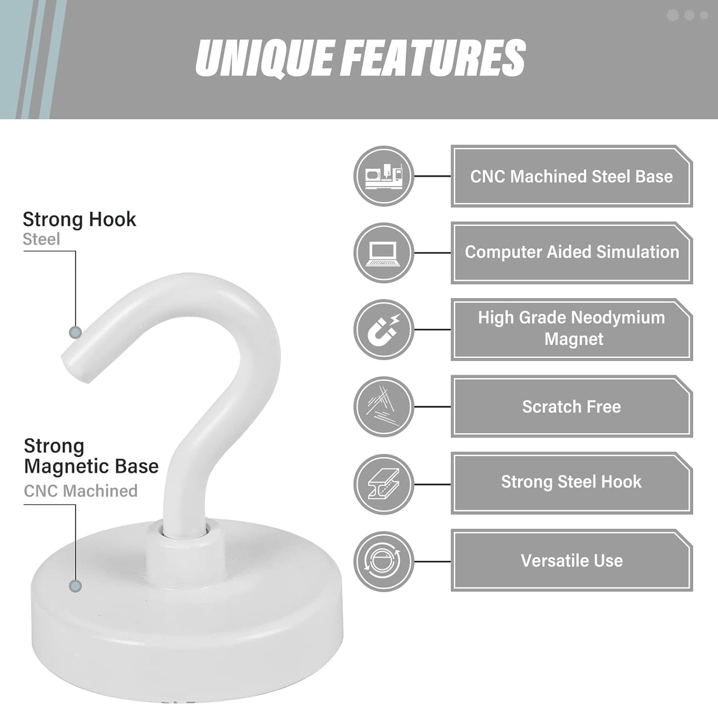 Neosmuk Magnetic Hooks Heavy Duty,Strong Magnet with Hook for Fridge, Super Neodymium Extra Strength Industrial Hooks for Hanging, Magnetic Hanger for Toolbox, Cruise, Grill(White,10 Pack)