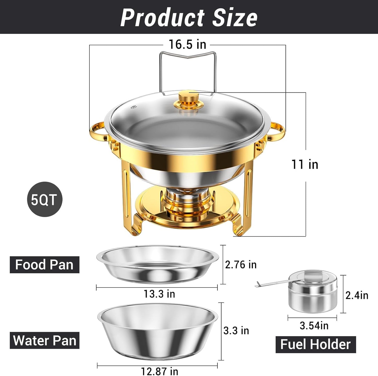 Round Chafing Dishes for Buffet 5 Qt,High Grade Chafing Dish Buffet Set, Full Size Pan,Rolled-Edge Design Food Warmers for Parties,Buffet,Wedding,Birthday,Camping 4 PACK (Gold-Glass)