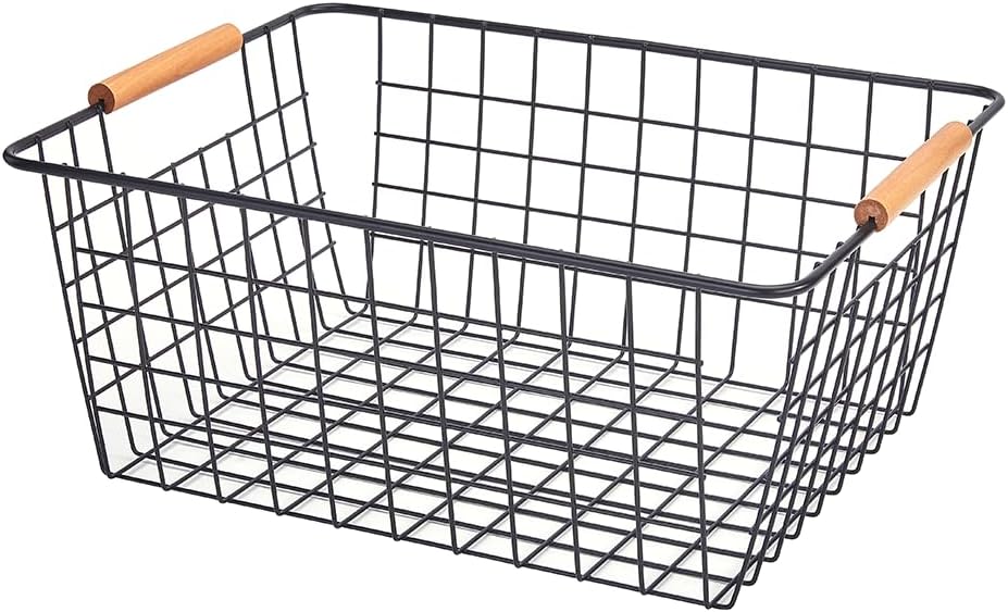 LeleCAT Large black wire baskets with Wooden Handles for storage pantry, Storage Organizer Baskets, Household Refrigerator for Cabinets, Closets, Bedrooms, kitchen - Set of 2(Black)