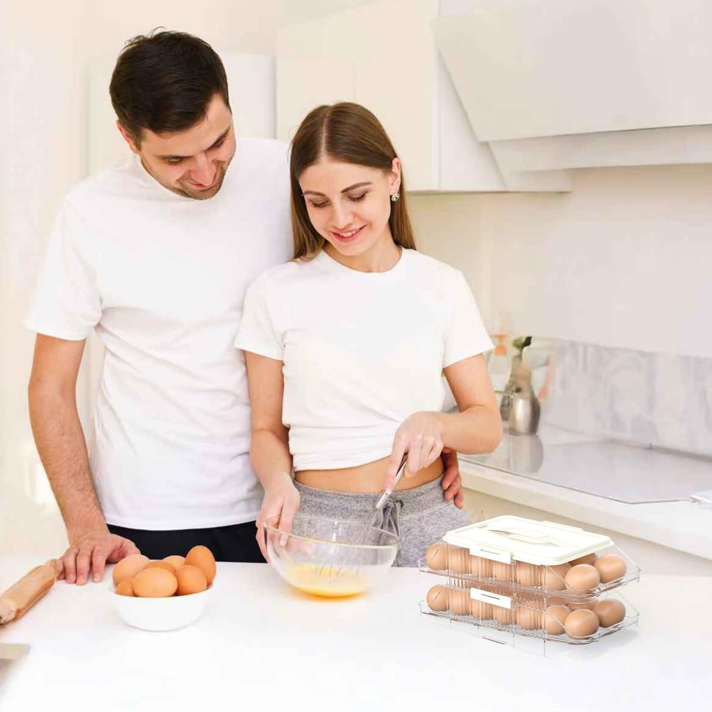 Automatic Rolling Egg Holder for Fridge, Clear Plastic Egg Organizer with Handle for Refrigerator, Egg Container for Kitchen Storage, 1 Row 3 layers