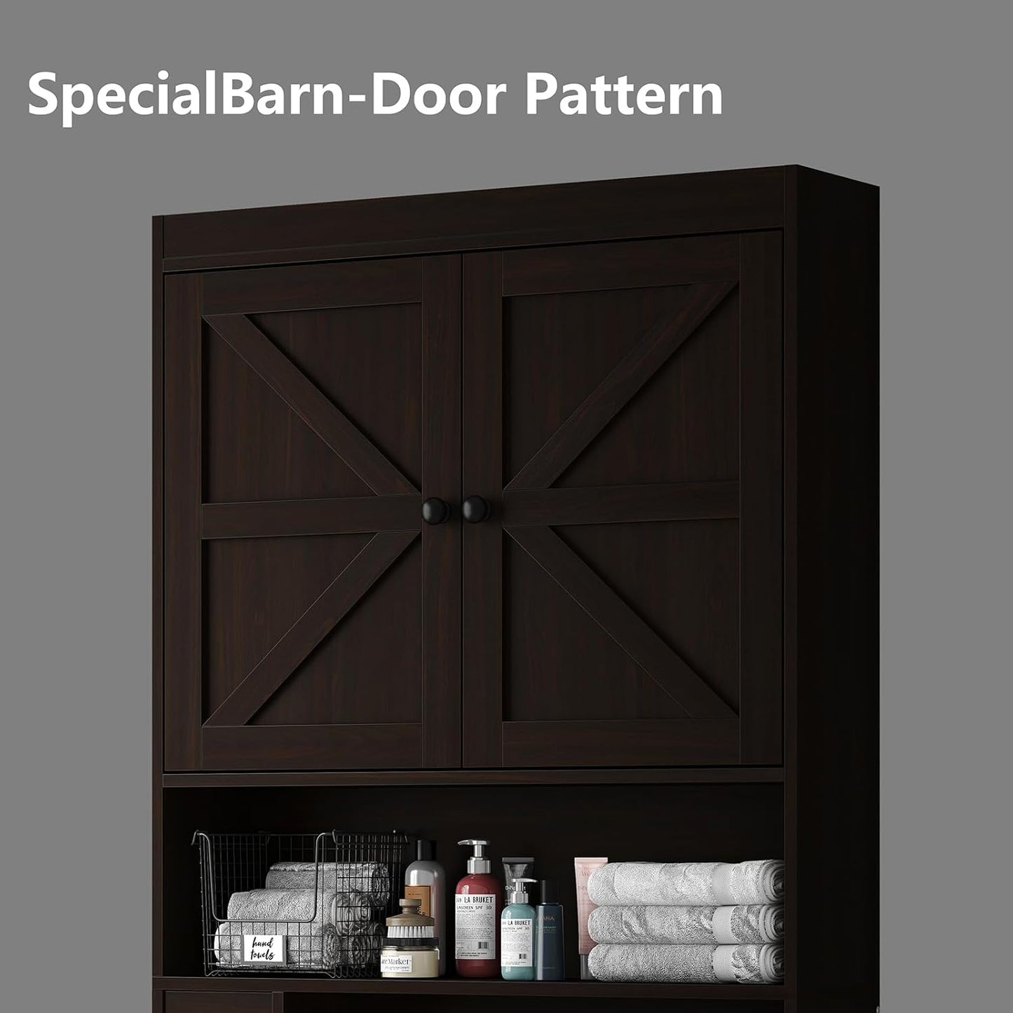 Furnideco 32.3''W Over The Toilet Storage Cabinet with Barn Doors, Over Toilet Shelf Farmhouse Storage Cabinet Space Saver with Toilet Paper Holder & Adjustable Bottom Bar, Espresso