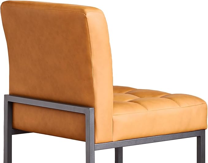 Brown Faux Leather Dining Chairs Set of 4, Mid-Century Modern Dining Room Chairs with Armless, Checkered Kitchen Chair with Metal Legs