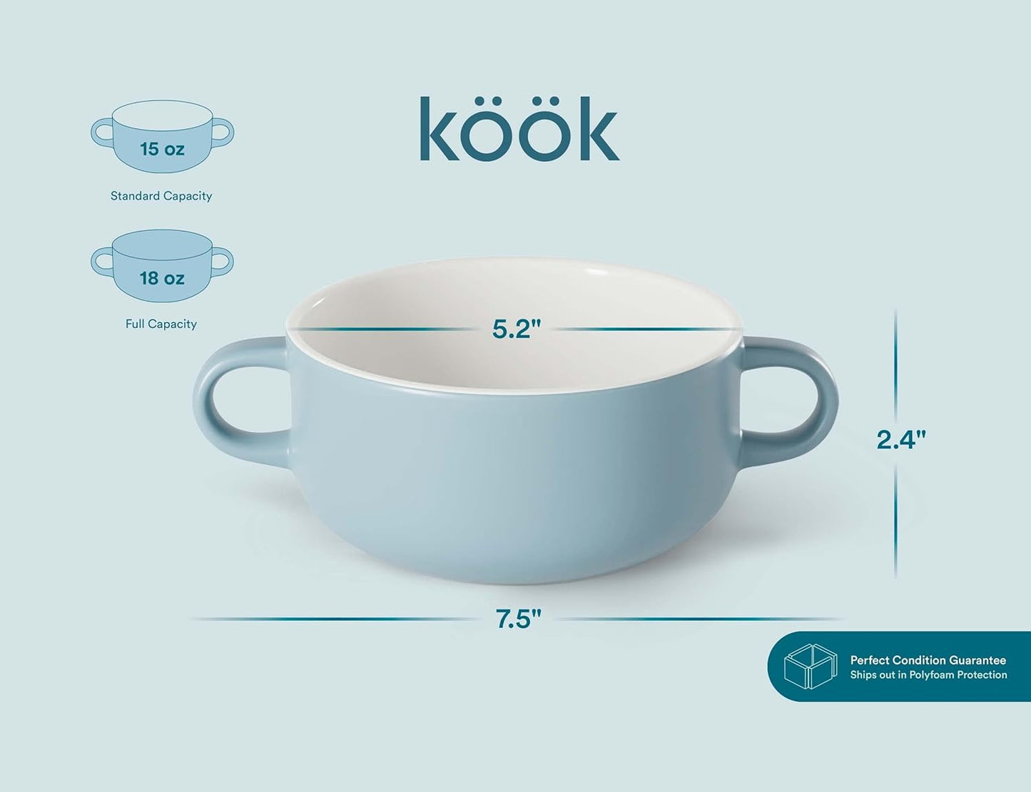 KooK Soup Crocks, Ceramic Bowls, Broil, Oven, Microwave and Dishwasher Safe, with Handles, For Casserole, Pasta, Cereal, 18 oz, Set of 4 (Pale Blue)