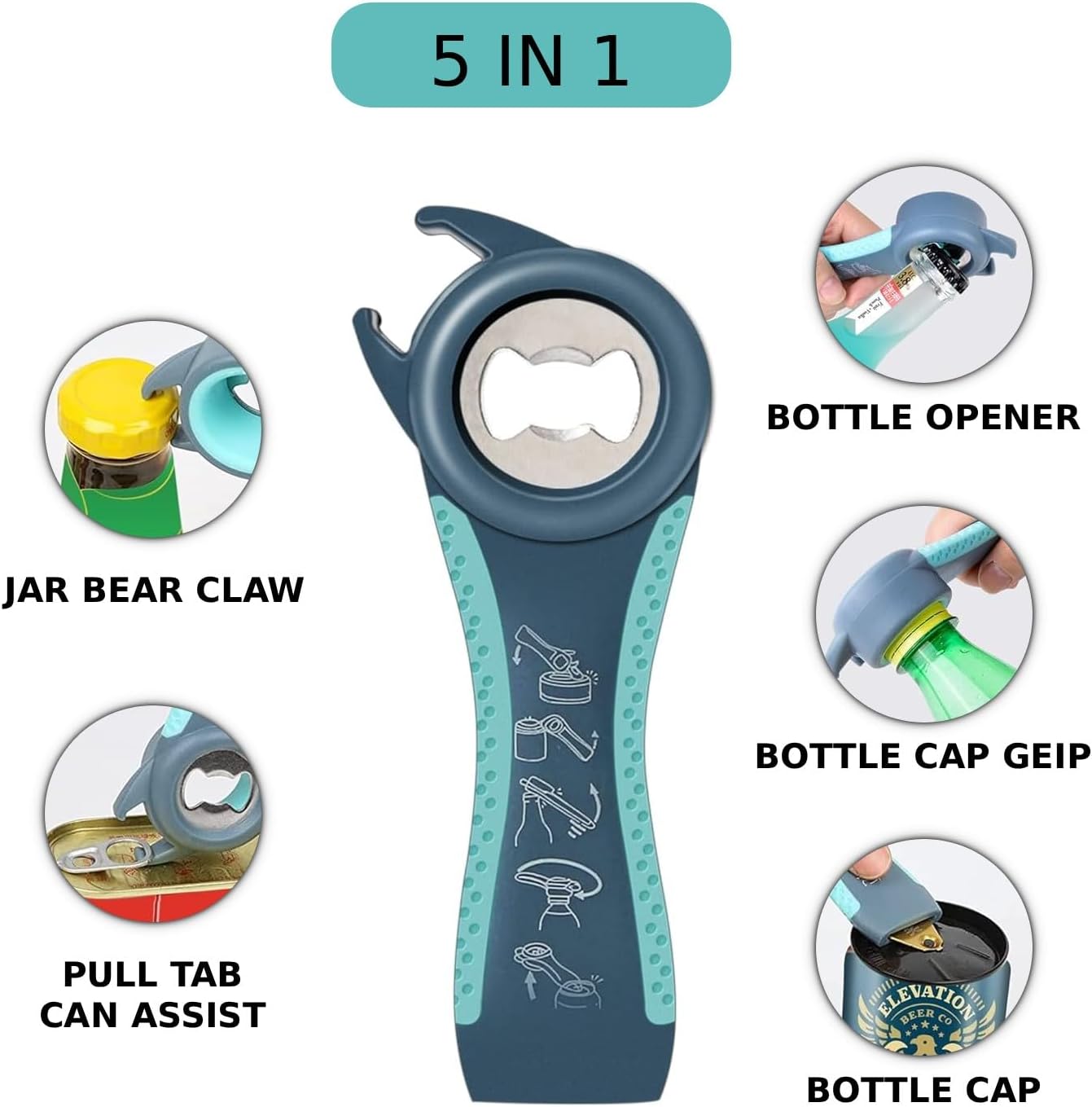 5-in-1 Canned Food & Bottle Opener for Weak Hands - Easy-Twist Jar Opener for Seniors, Arthritis-Friendly Kitchen Tool (Beer/Soda/Jars)