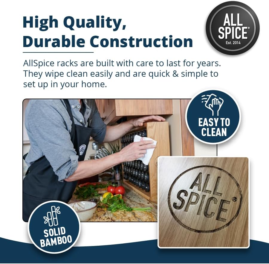 AllSpice Spice Rack Organizer, Wood, 525 Unique Labels, Countertop or Wall Mount, Includes 30 4oz Jars- Cherry Stain