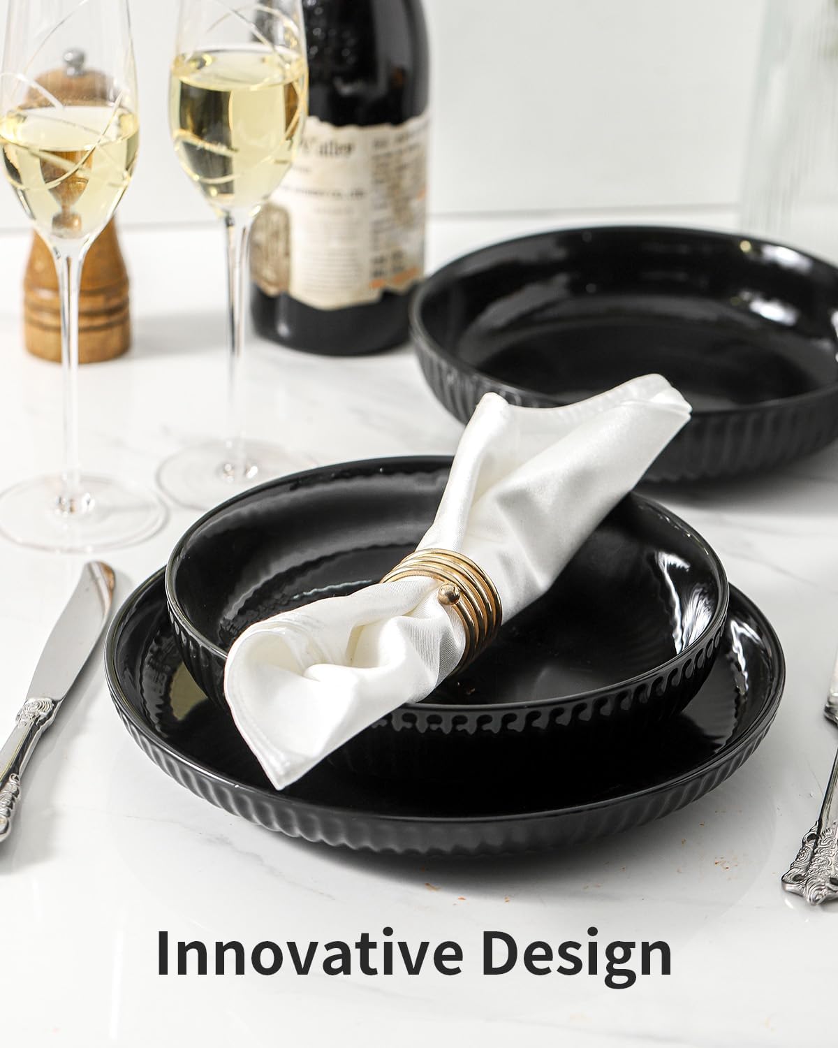 Hasense Pasta Bowls Set of 2, 30 oz Large Pasta Serving Bowls, 8 Inch Salad Bowls for Kitchen, Wide and Shallow Pasta Plates, Ideal Home Decor for Mother's Day Present, Microwave & Dishwasher, Black