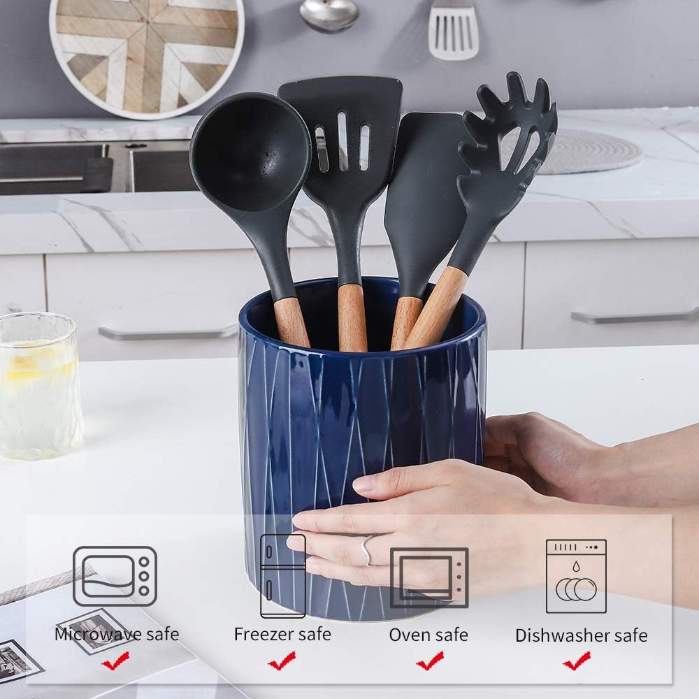 KOOV Kitchen Utensil Holder, Large Ceramic Utensil Crock, Deep and Stable, Containers for Household or Kitchen Use (Aegean)