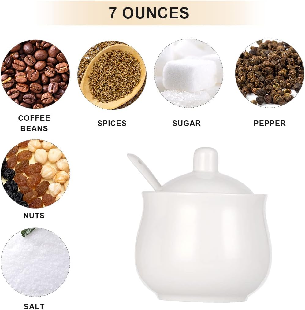 Ceramic Sugar Bowl with Lid and Spoon, White Porcelain Sugar Salt Pepper Storage Jar, 8 Ounces