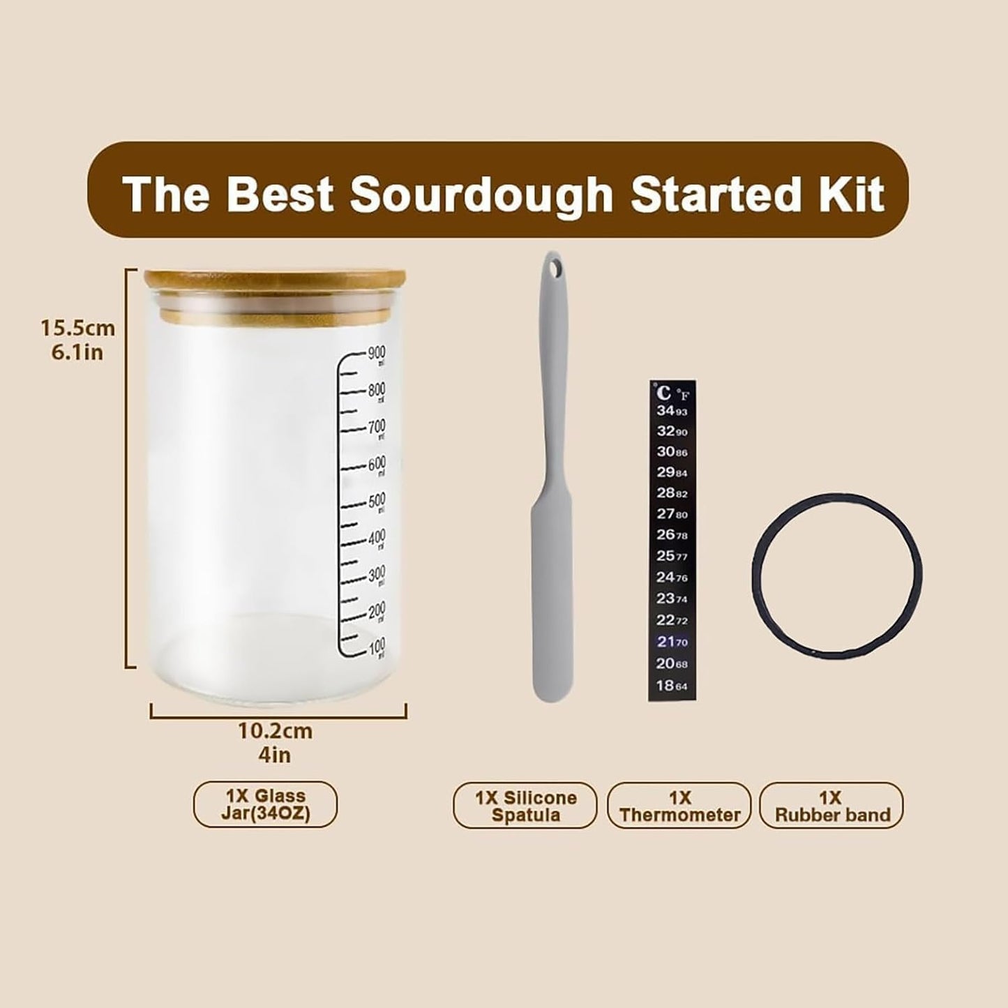 BRIRILINE Pro Sourdough Bread Starter Kit - 34 oz sourdough jar with 5 unique features for the perfect sour dough bread & sourdough starter kit - baking supplies (34oz-4pack)