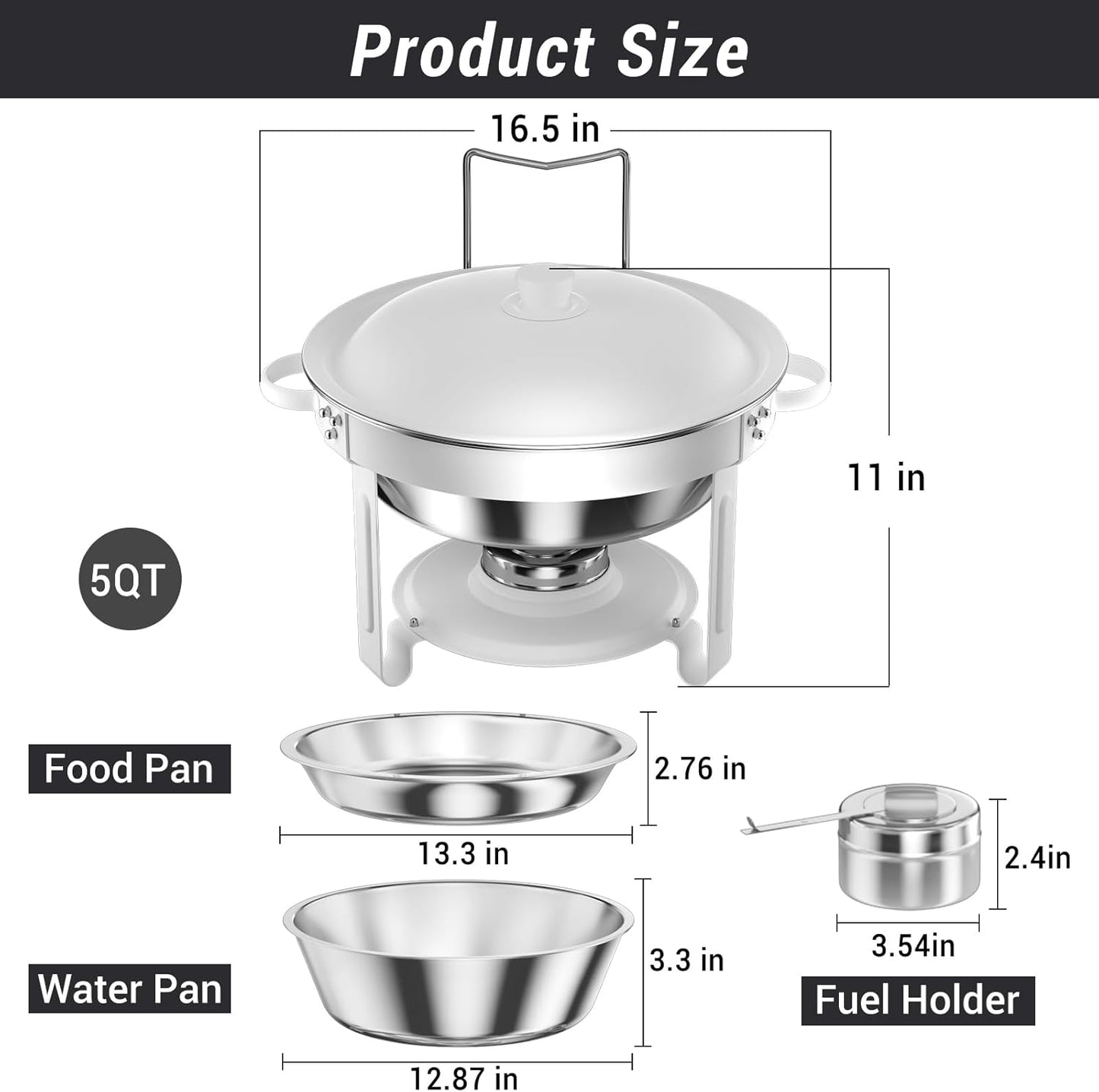 Round Chafing Dishes for Buffet 5 Qt,High Grade Chafing Dish Buffet Set, Full Size Pan,Rolled-Edge Design Food Warmers for Parties,Buffet,Wedding,Birthday,Camping 4 PACK (White)
