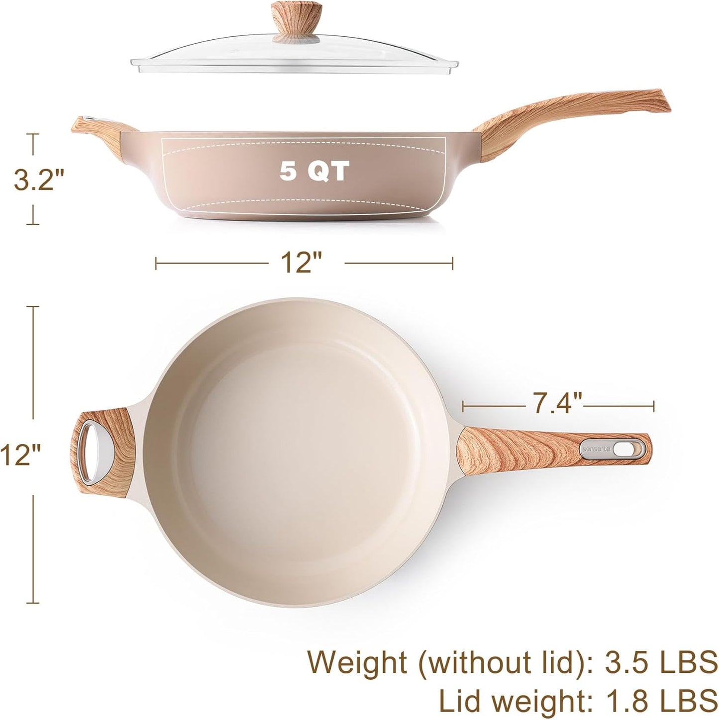 SENSARTE Ceramic Nonstick Frying Pan Skillet with Lid, 12 Inch Large Deep Frying Pan, 5 QT Saute Pan, Induction Pan, Healthy Non Toxic Cooking Pan with Helper Handle, PFOA PFAS PTFE Free