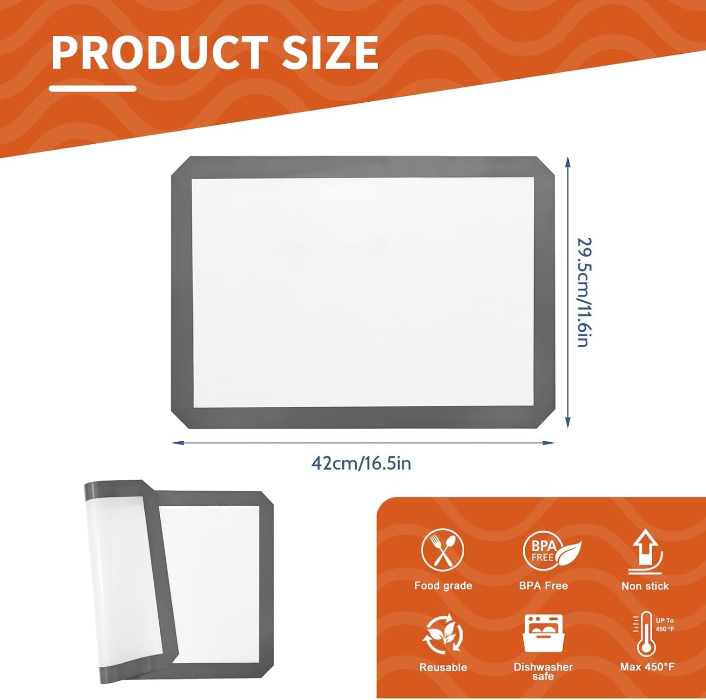 KitchenRaku 2-Pack Silicone Baking Mat, 16.5"x11.6" Reusable Silicone Baking Sheets for Oven, BPA Free Nonstick Bakeware Mats for Cookies, Macarons, Bread and Pastry