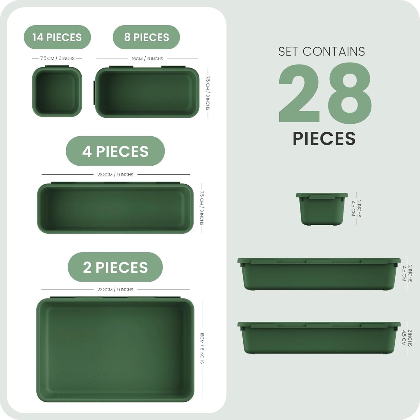 A-LuGei 【28PCS】 Drawer Organizer, Bathroom Organizers and Storage, Makeup organizer, Desk drawer organizer, Storage Bins for Kitchen Office Bedroom Vanity Jewelry Pantry Garage【ArmyGreen】【4Size】