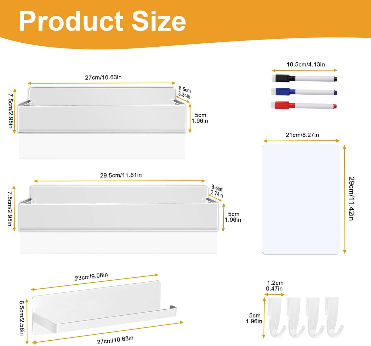 4 Pack Magnetic Spice Rack for Refrigerator,Metal Magnetic Shelf White with Paper Towel Holder,Whiteboard,3 Markers,4 Hooks,Space Saving for Home,Kitchen