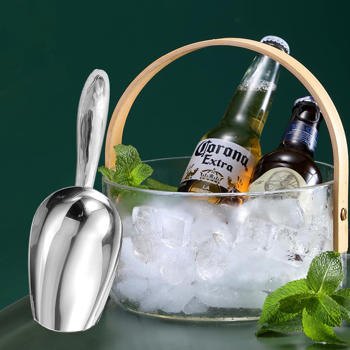 Metal Ice Scoop,Kitchen Ice Scooper for Ice Maker,Stainless Steel Small Ice Scooper for Freezer,Kitchen Gadgets Cookie Flour Pet Dog Food Scoop (Curved handle silver, 3oz)