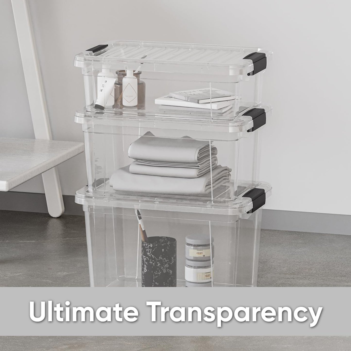 Superio Clear Storage Boxes with Lids, 26.5 Quart Plastic Container Bins for Organizing, Stackable Crates, BPA Free, Non Toxic, Odor Free, Organizers for Home, Office, School, and Dorm