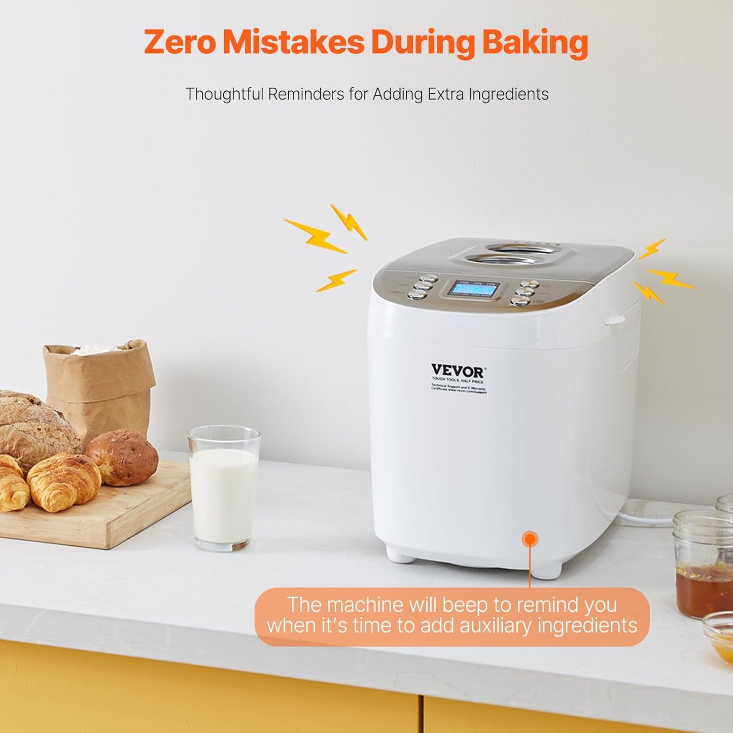 VEVOR Bread Maker, Dough Machine 15 Menus in 1, Non-Stick Ceramic Pan Automatic Breadmaker with Non-Gluten Setting, Whole Wheat Bread Making, Digital, Programmable, 3 Loaf Sizes, 3 Crust Colors, White