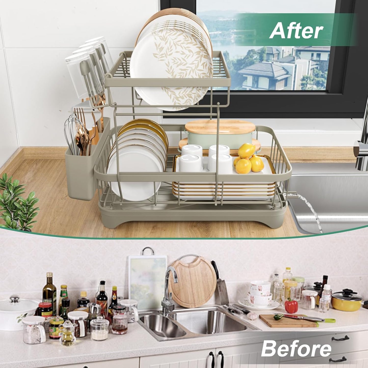 Dish Drying Rack, 2-Tier Dish Drying Rack with Utensil Holder – Large Capacity Auto-Draining Dish Drainer with Drainboard for Kitchen Counter, Grey