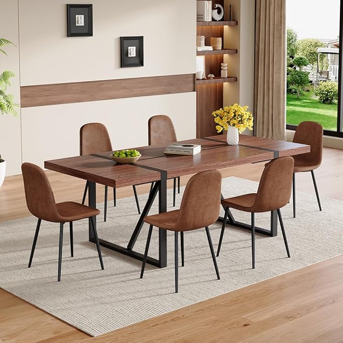 86.6" Dining Table Set for 6, Modern 7 Piece Wood Kitchen Table and Chairs Set, Rectangle Dining Room Table with 6 Upholstered Suede Chairs, Ideal for Apartment, Kitchen, Dining Room
