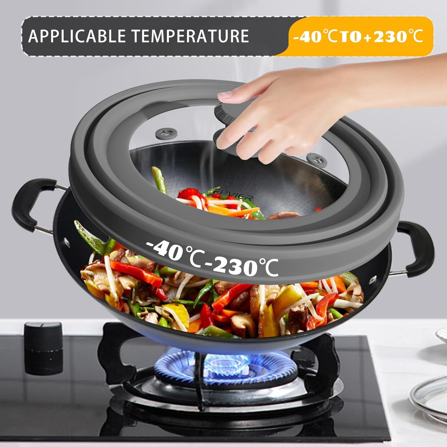 Collapsible Microwave Splatter Cover - Vented Silicone & Glass Lid with Easy-Grip Handle, Fits 6 to 10 Inch Plates & Bowls, 10.8 Inch Diameter, Prevents Splatters & Ensures Even Heating