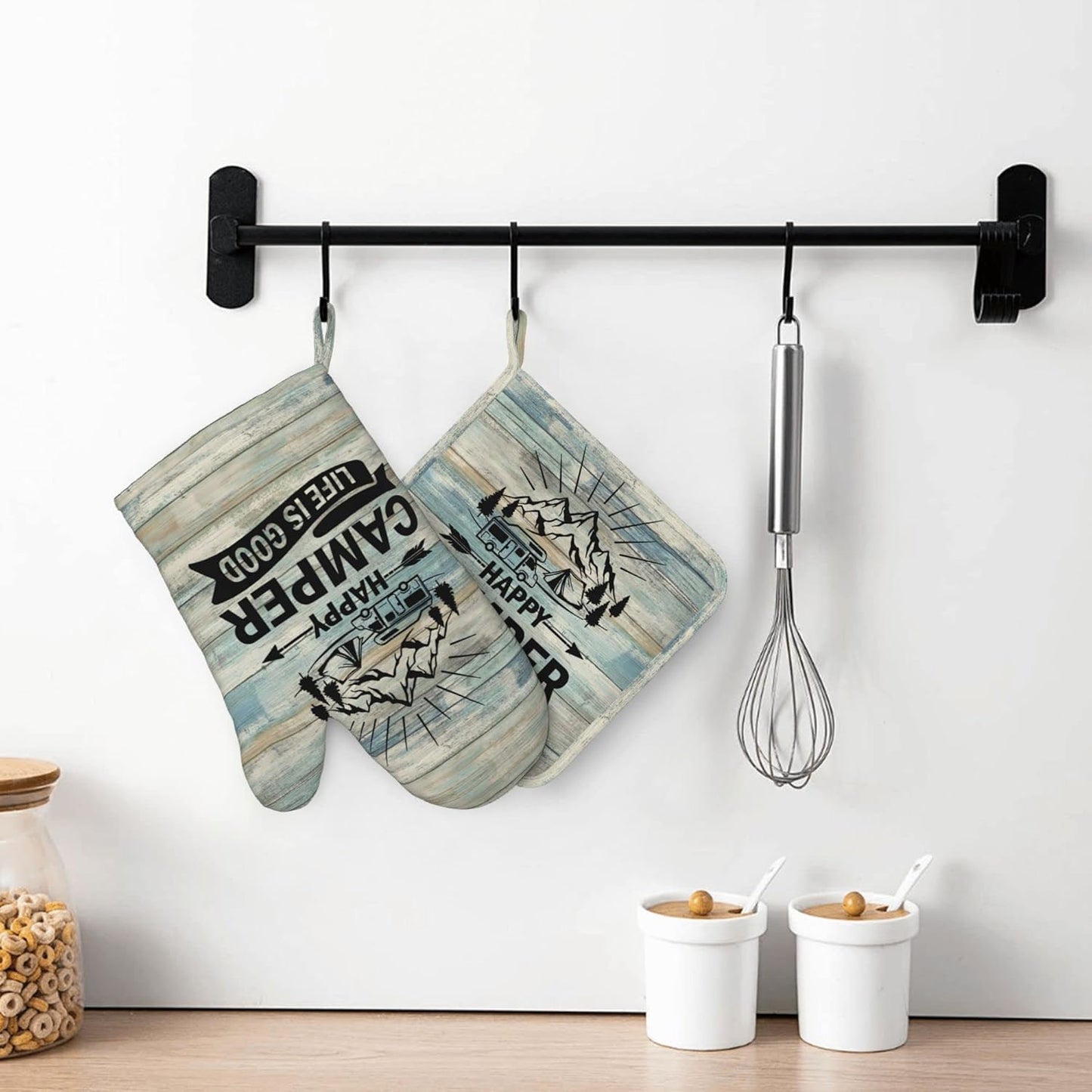 Happy Camper Oven Mitts and Pot Holders Sets of 4,Resistant Hot Pads with Silicone Non-Slip BBQ Gloves for Kitchen,Cooking,Baking,Grilling