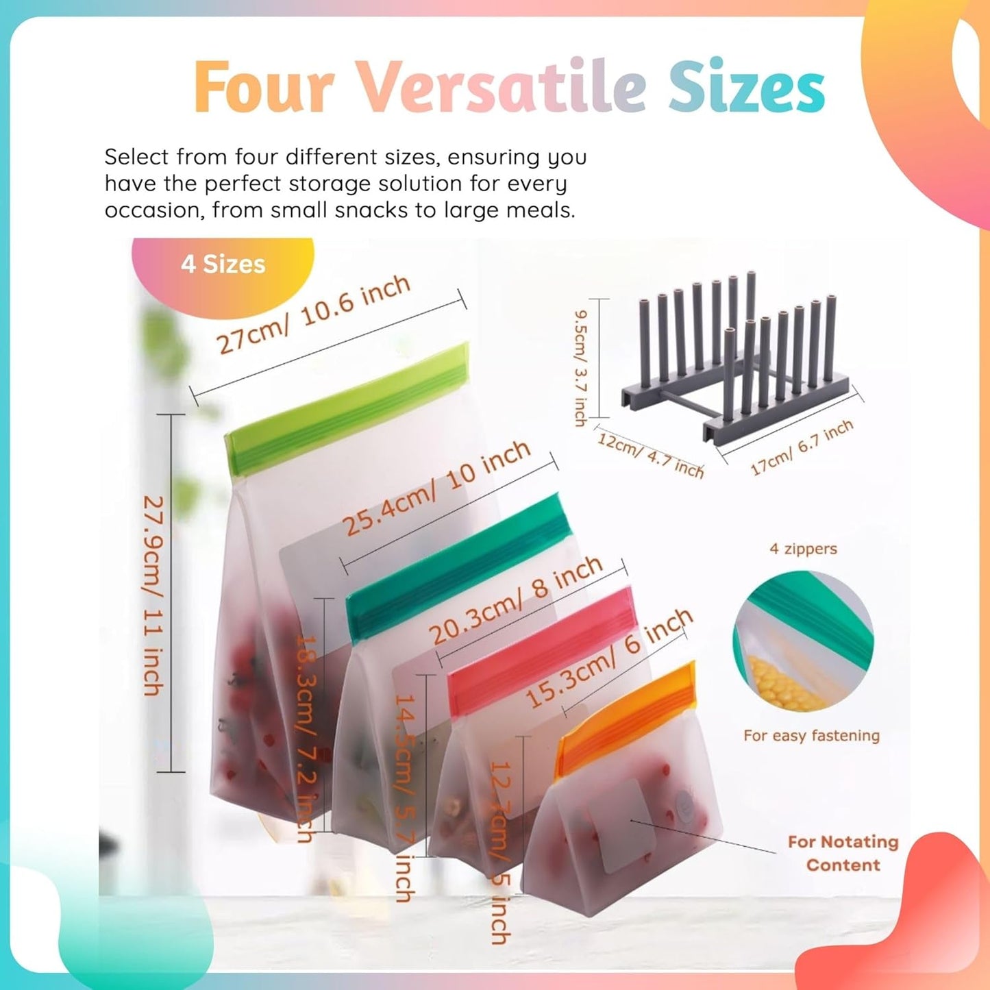 Reusable Silicone Food Storage Bags ā 14-Pack Stand-Up, BPA-Free, Freezer, Dishwasher Safe & Eco-Friendly ā 3 L, 8 M, 3 S Bags ā Airtight Leakproof, Sandwich, Snack, and Meal Prep Baggies (Multicolor)