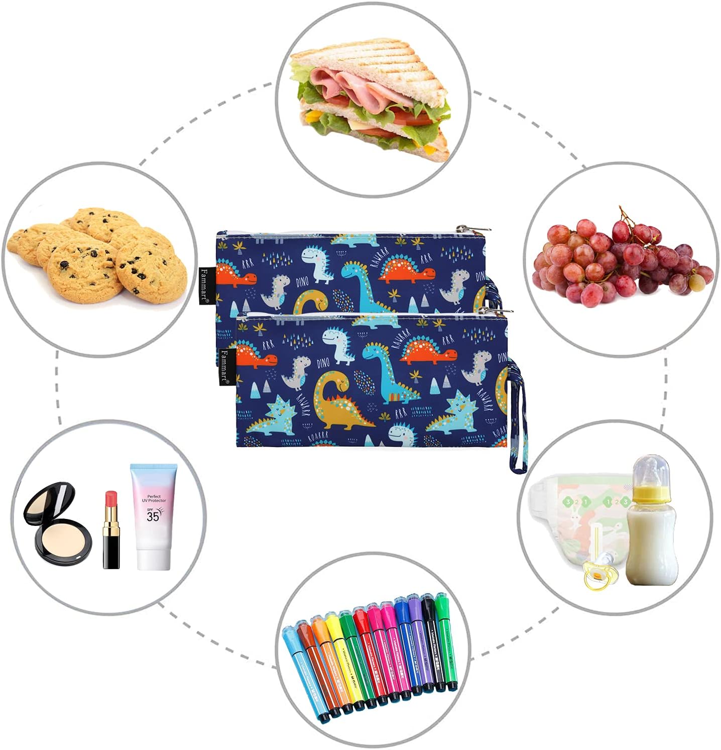 Reusable Sandwich Bag/Snack Bag for Kids & Adults, Dual Layer Lunch Bag with Handle, Washable, Food Safe, BPA Free (2-Pack, Dinosaur)